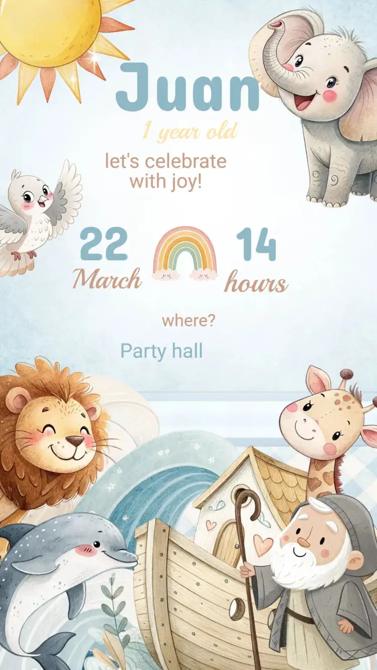 Invitation Noah's Ark Birthday Invitation – Kids' Birthday Party theme colorful, fun, animal illustrations, playful style, nature-themed, childlike