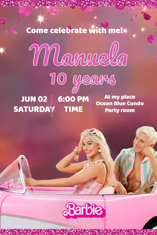 Invitation Barbie Movie New – Commemorative Dates theme pink, blue, white, modern, fun, childish
