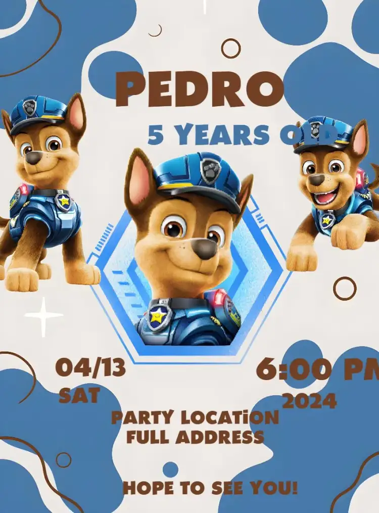 Invitation Paw Patrol Chase Paws – Kids' Birthday Party theme blue, fun, children's theme, modern, colorful, animal illustrations