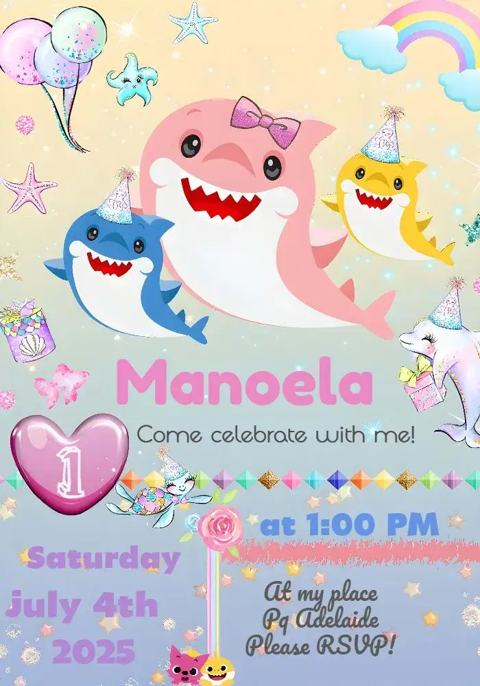 Invitation Baby Shark Year – Commemorative Dates theme vibrant colors, playful style, aquatic elements, fun illustrations, pink theme, modern design