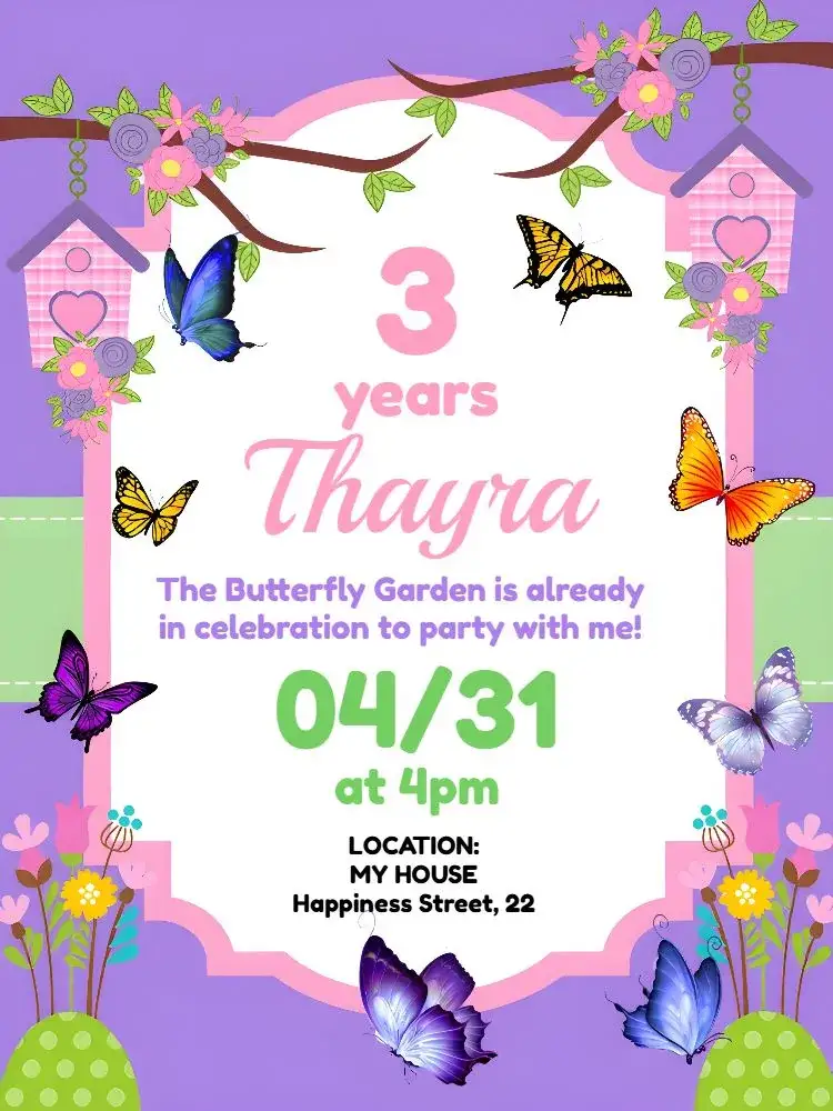 Invitation Fairy Butterfly Garden – Commemorative Dates theme floral, magical, soft colors, fantasy, playful
