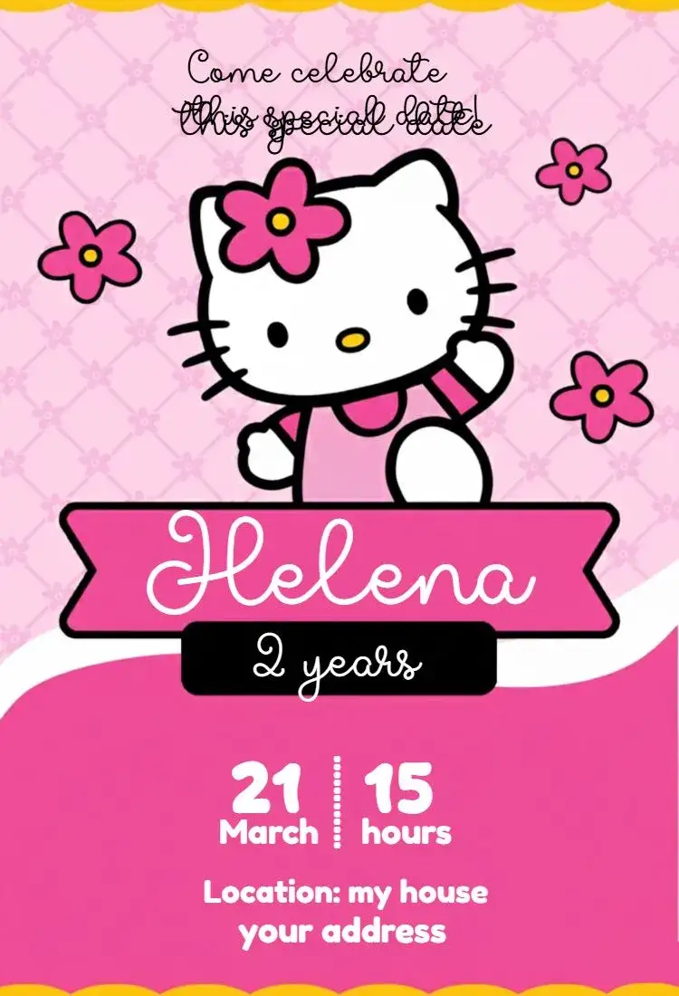 Invitation Hello Kitty 5 Invitation – Kids' Birthday Party theme pink, black, themed, children's, fun, colorful