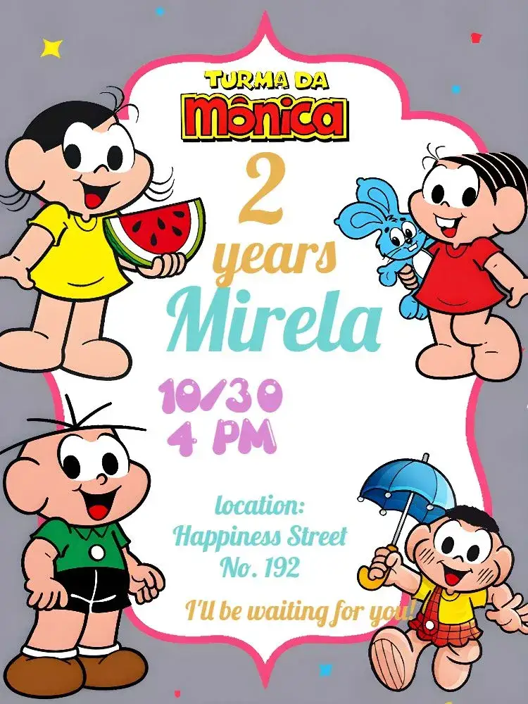 Invitation Turma Da Mônica White – Kids' Birthday Party theme striped, colorful, childish, modern, fun, white and pink
