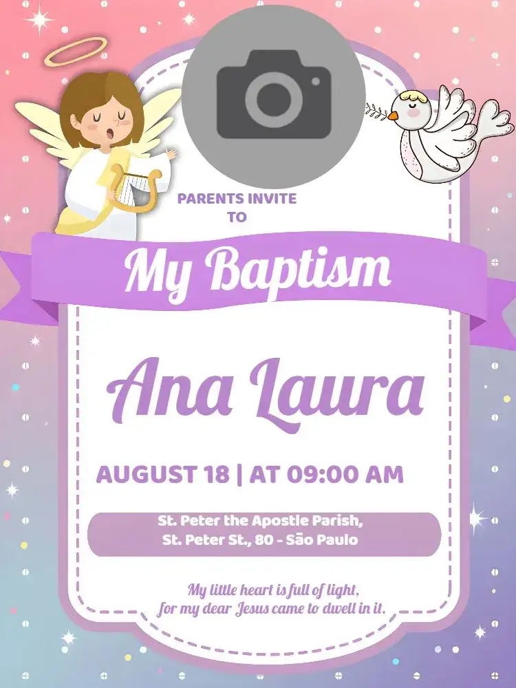 Invitation Baptism With Angel Photo – Baptism theme soft lilac, delicate angels, modern design, childish elements, clean style, vintage touches