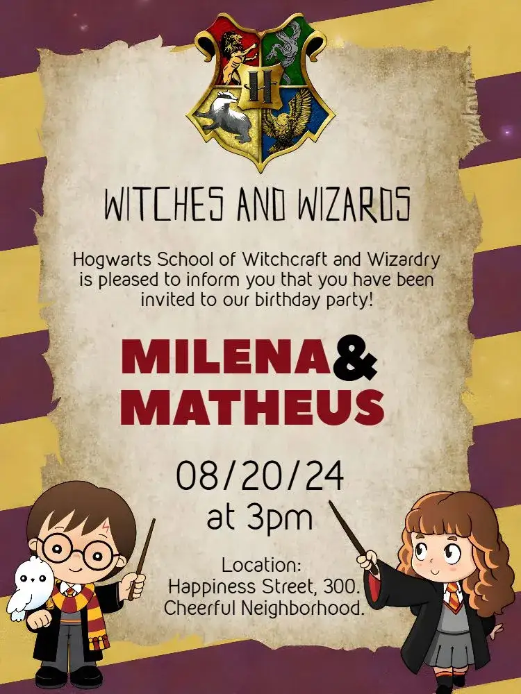 Invitation Double Harry Potter And Hermione Brothers – Kids' Birthday Party theme magical, themed, colorful, childish, fantasy