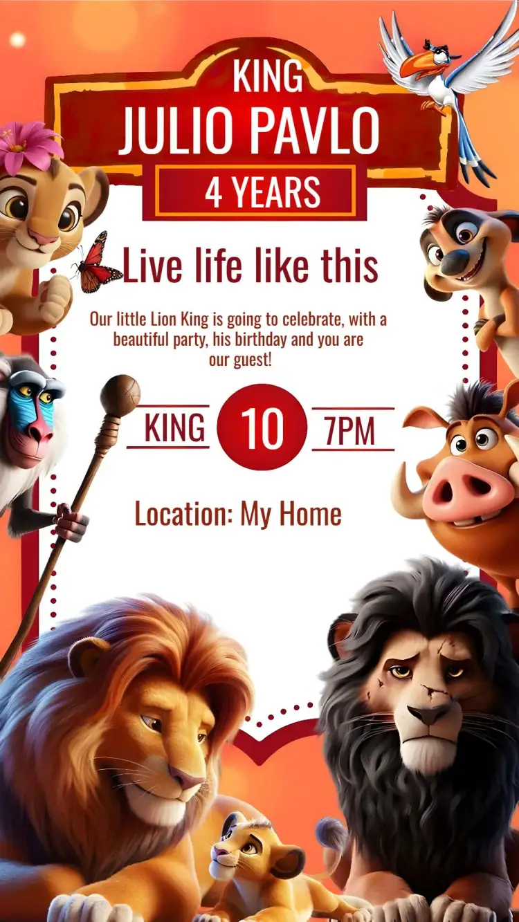 Invitation The Lion King – Kids' Birthday Party theme wild, colorful, fun, lively, tropical, illustration