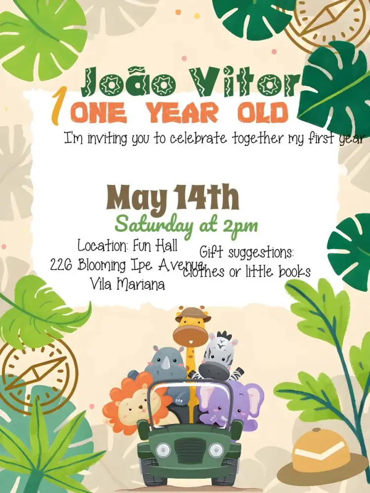 Invitation Safari Bichinhos – Commemorative Dates theme wild animals, vibrant colors, savannah, playful illustrations, fun theme