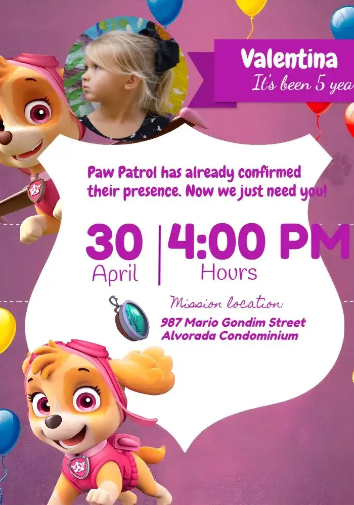 Invitation PAW Patrol Purple Photo Invitation – Kids' Birthday Party theme purple, pink, white, glitter, fun, childish