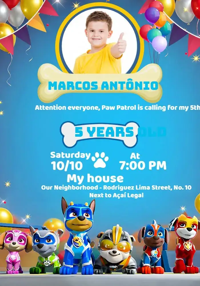 Invitation White Paw Patrol With Photo – Kids' Birthday Party theme blue, white, fun, childish, themed, colorful