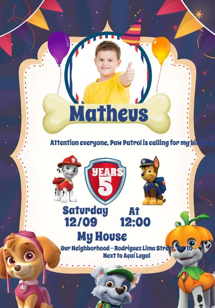 Paw Patrol With Bone Photo invitation