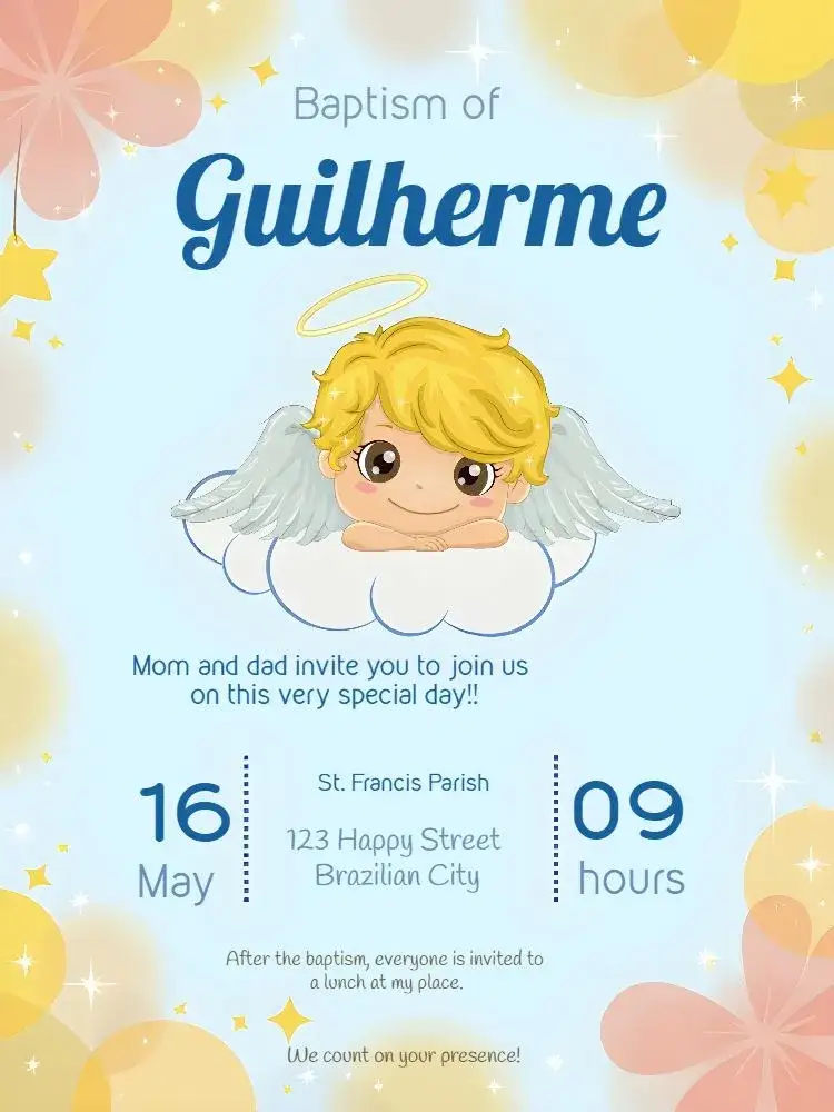 Invitation Angel Baptism - – Baptism theme delicate, childlike, blue and yellow, clouds and stars, modern, festive