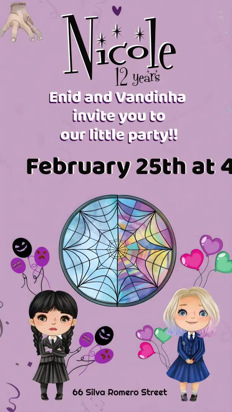 Invitation Wandinha Addams Party – Commemorative Dates theme purple, black, white, themed, fun, fantastic