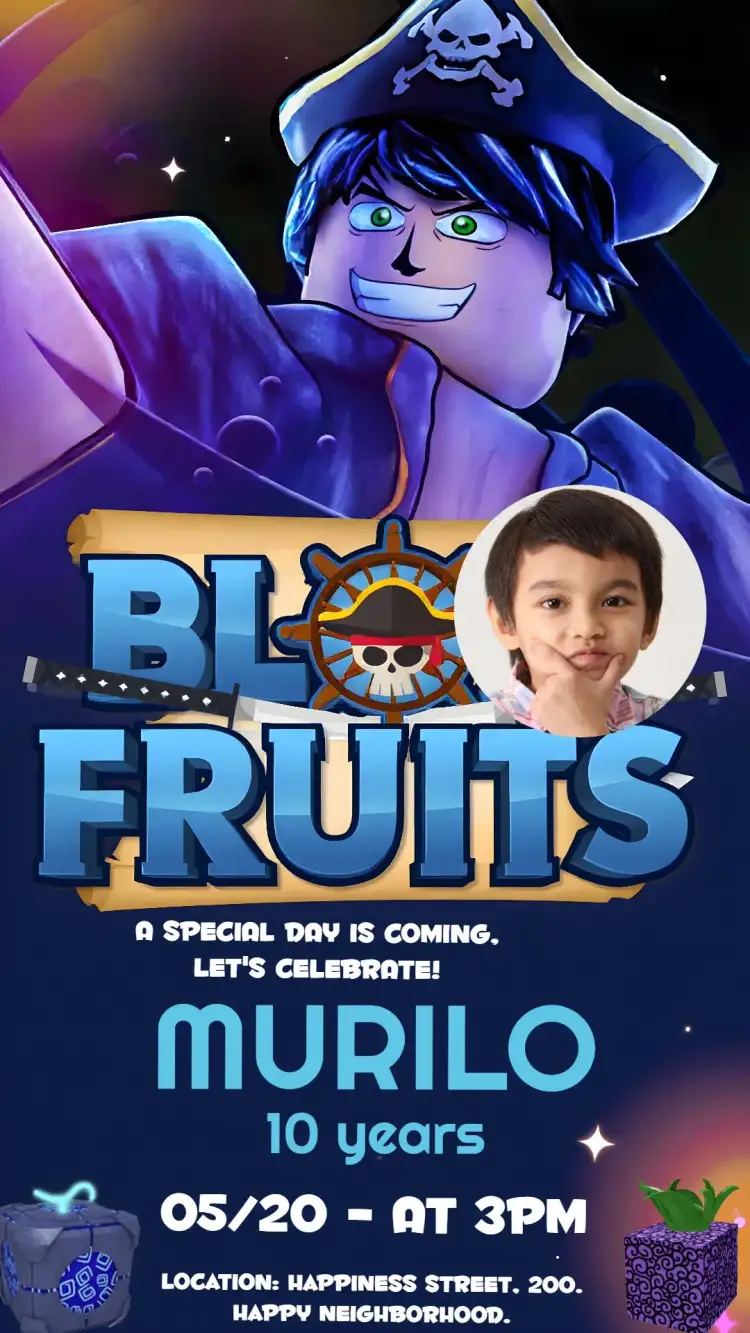 Invitation Blox Fruits With Roblox Photo – Kids' Birthday Party theme colorful, modern, game, fantasy, fun