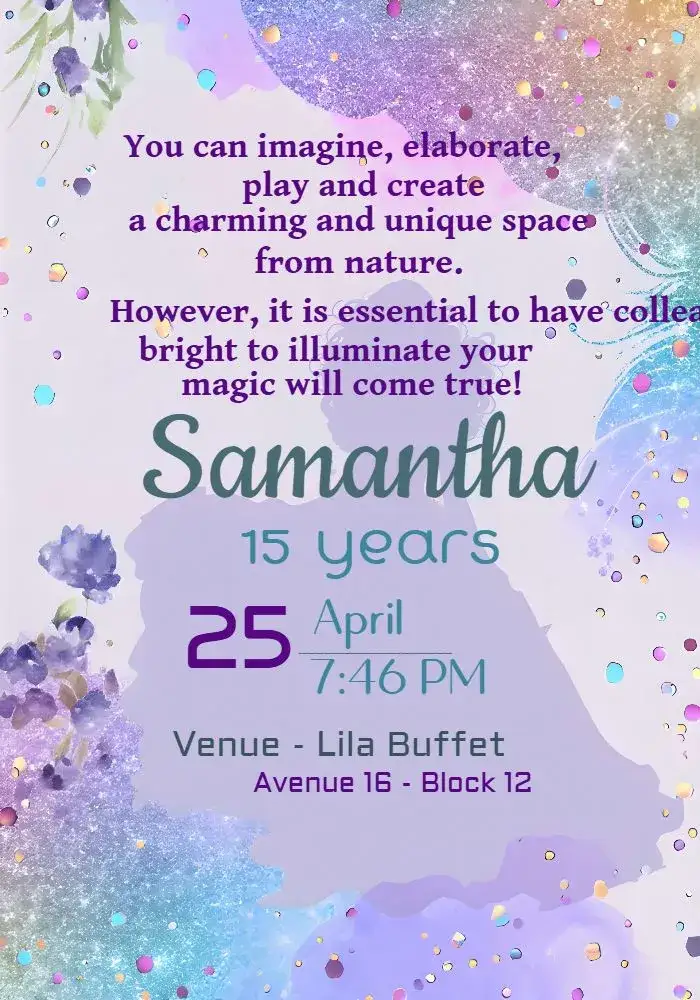 Invitation Glitter Glitter – Sweet 15 theme glitter, floral, modern, lilac, purple, elegant