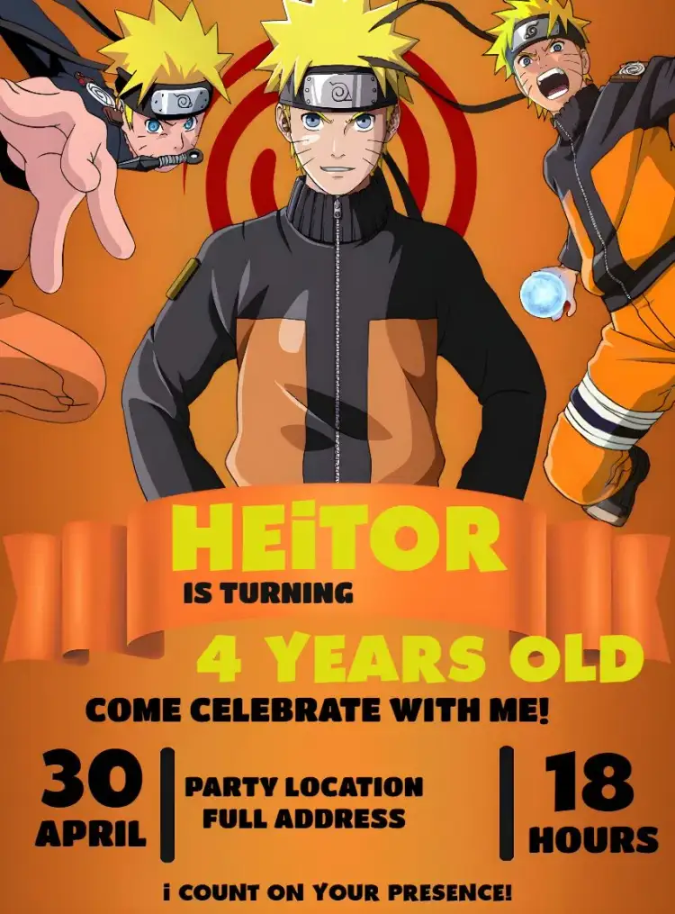 Invitation Naruto Jutsu – Kids' Birthday Party theme ninja, anime, aventura, colorido, moderno