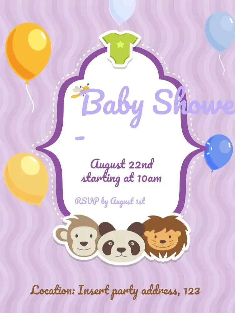 Invitation Lilac Baby Shower - Diaper Safari – Diaper Shower theme lilac, safari, children's, fun-filled, nature-themed, colorful