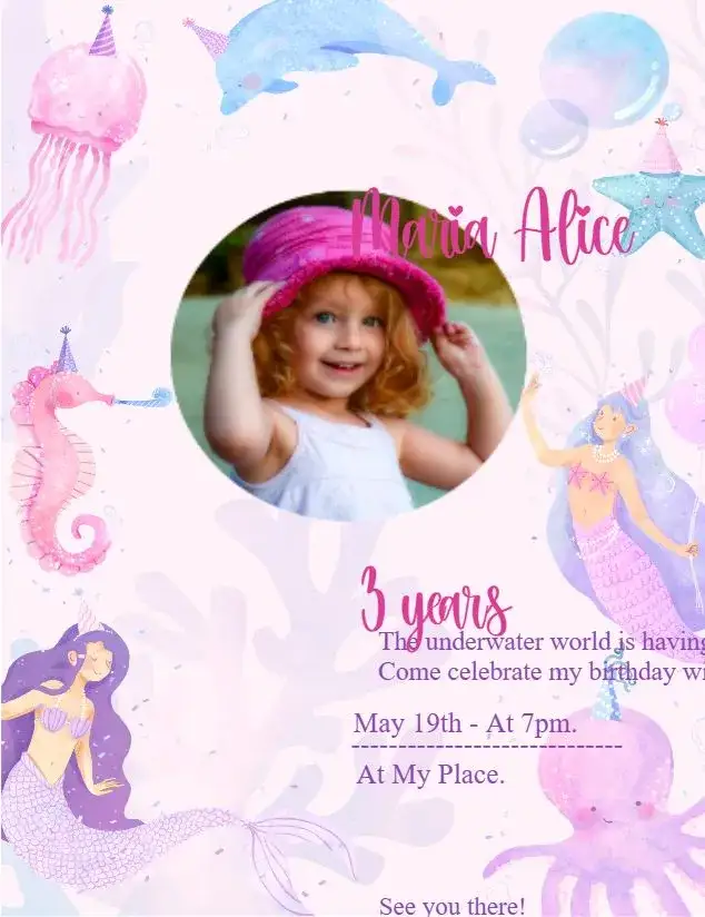 Invitation Under the Sea With Girl Photo Background – Kids' Birthday Party theme under the sea, watercolor, lilac colors, marine elements, fantasy, fun