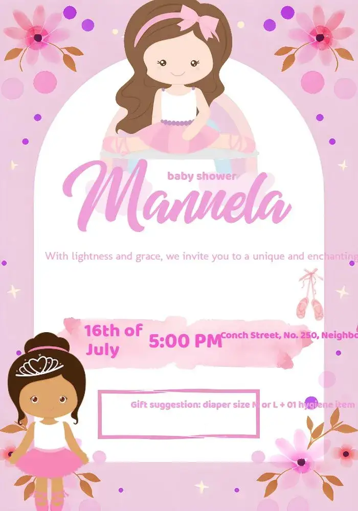 Invitation Baby Shower Ballerina Diapers – Diaper Shower theme floral, ballerina, pink, delicate, modern, childlike