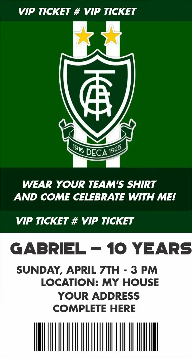 Invitation America Mineiro ticket – Birthday theme football, modern, colorful, dynamic, vibrant, sporty