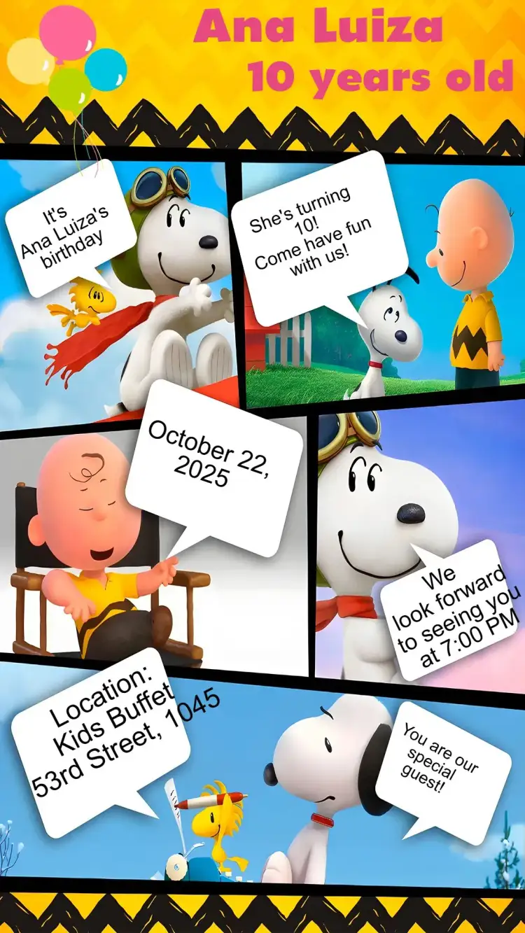 Invitation Snoopy Comics – Kids' Birthday Party theme colorful, fun, childish, classic illustrations, themed, cheerful