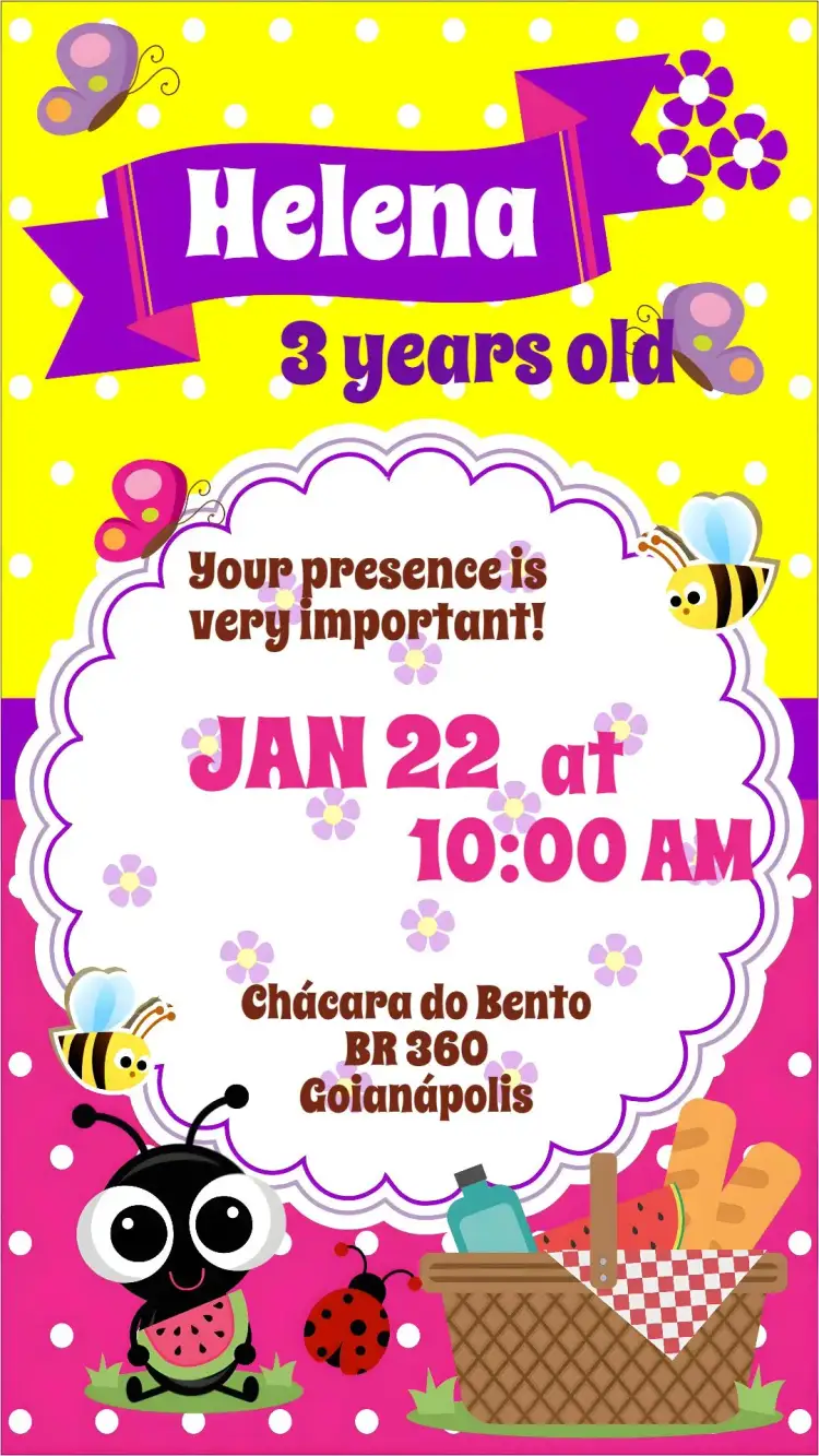 Invitation Girl's Picnic – Kids' Birthday Party theme pastel colors, fun style, natural elements, playful design, handcrafted touch, vintage style