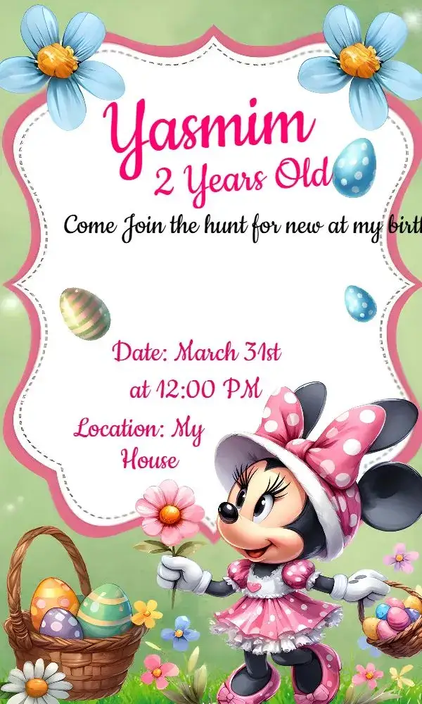 Invitation Páscoa Minnie Mouse Eggs – Commemorative Dates theme pink, playful, colorful, Disney, childlike, fun
