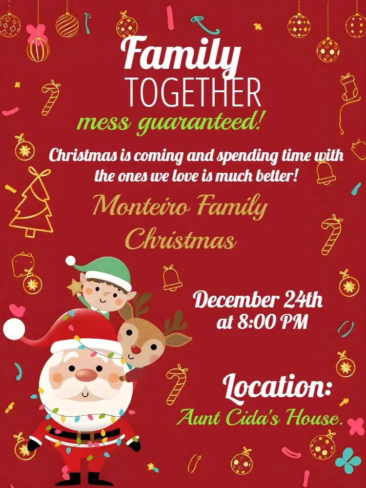 Invitation Family White Christmas – Commemorative Dates theme white, red, gold, green, festive, classic