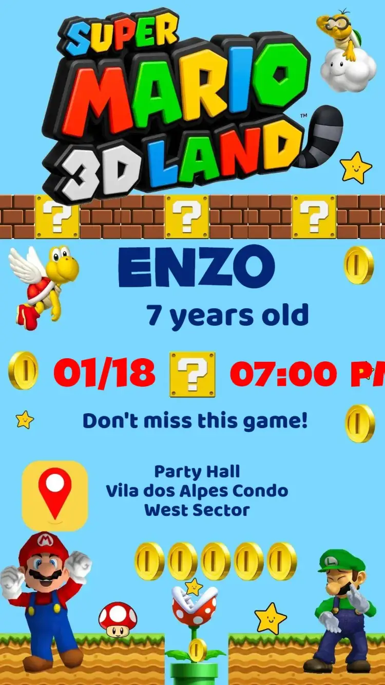 Invitation Super Mario – Kids' Birthday Party theme colorful, themed, fun, games, childish