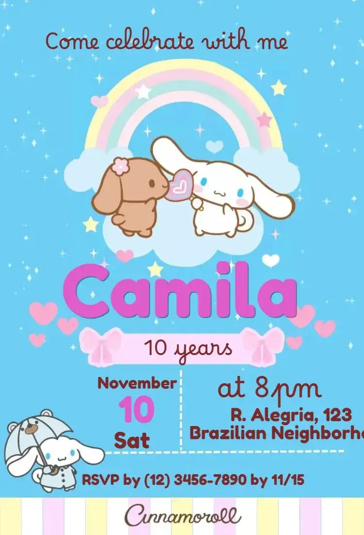 Invitation Cinnamoroll – Kids' Birthday Party theme cute, colorful, themed, fun, childish, cheerful