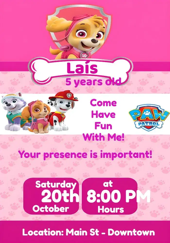 Invitation Pink Paw Patrol – Kids' Birthday Party theme vibrant colors, fun, animated characters, childlike style, colorful illustrations, adventure theme
