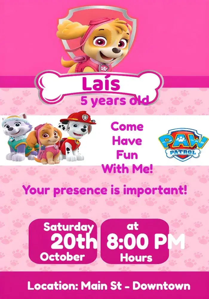 Pink Paw Patrol invitation