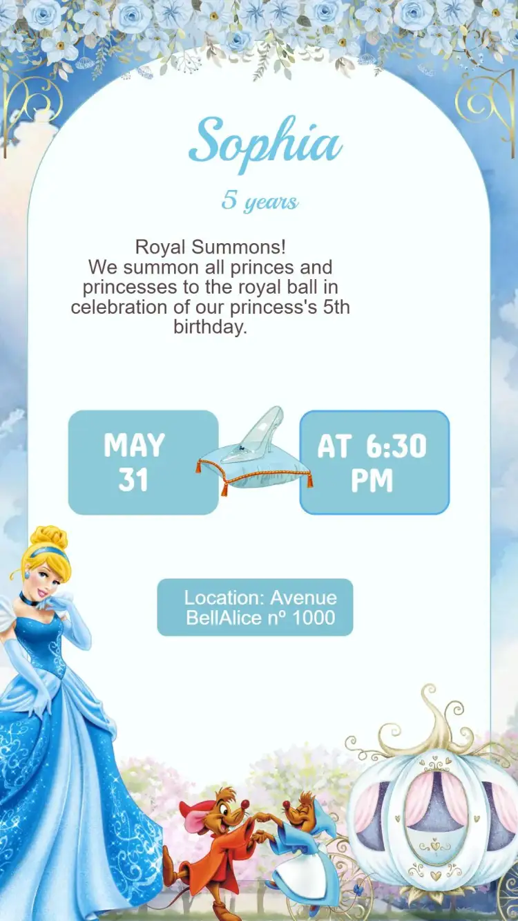 Invitation Cinderella Birthday Invitation – Kids' Birthday Party theme princess, magical, pastel, floral, sparkle