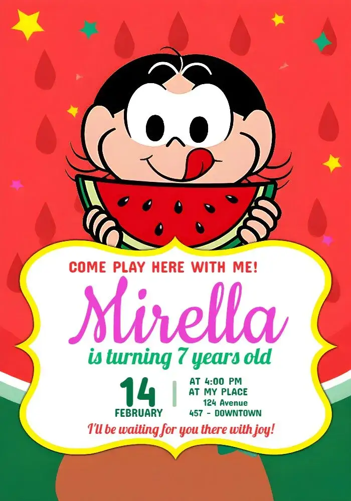 Invitation Magali Monica from Monica's Gang – Kids' Birthday Party theme colorful, fun, childish, modern, playful