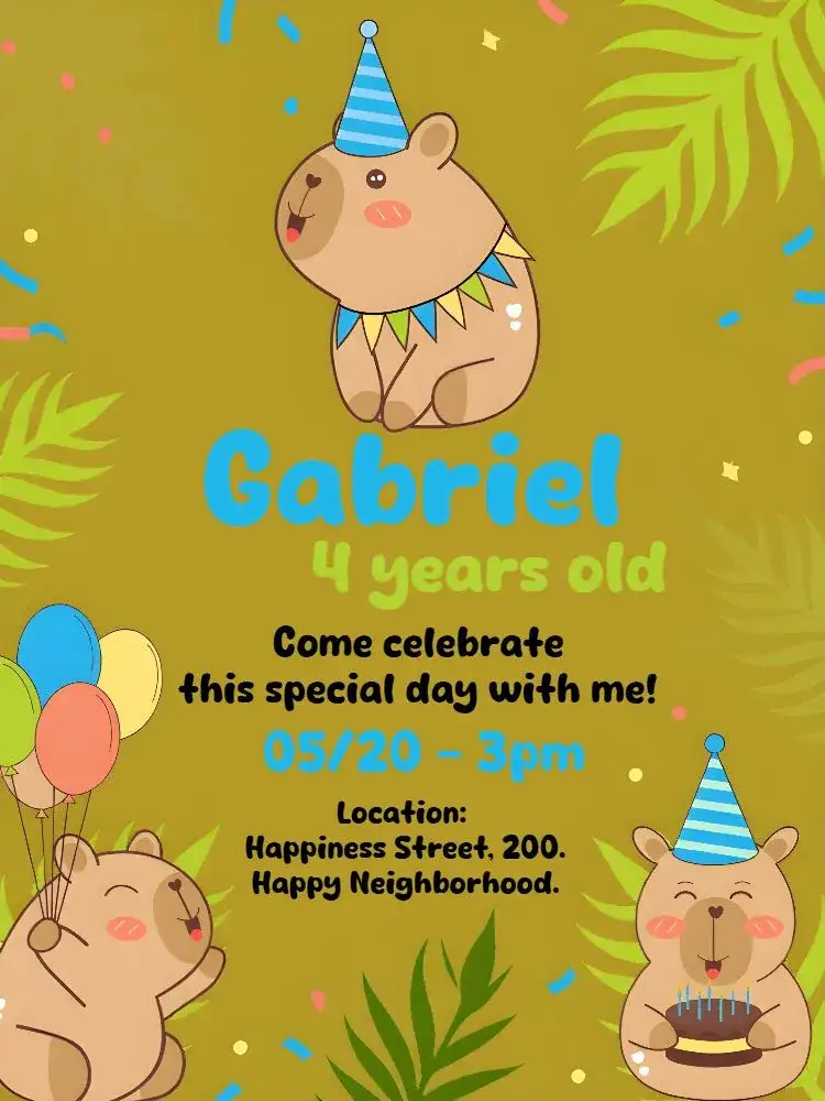Invitation Capivara Capybara – Kids' Birthday Party theme colorful, fun, animal-themed, tropical, illustration-based, playful