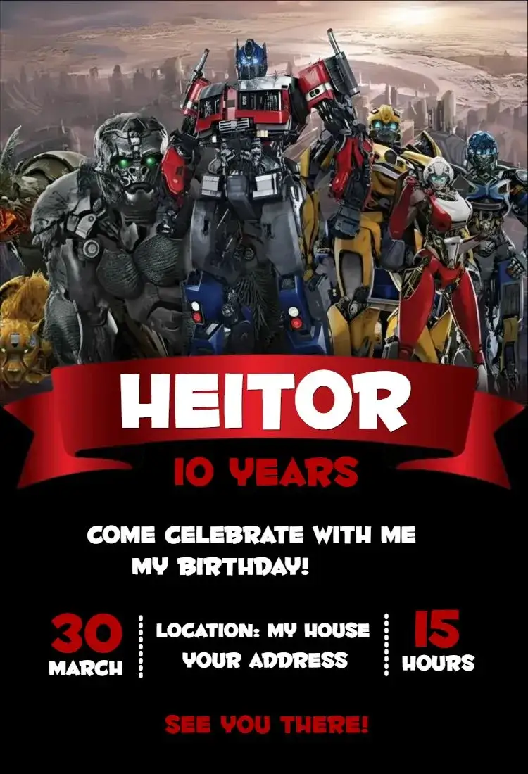 Invitation Transformers – Birthday theme vibrant colors, modern style, action-packed graphic elements, inspired by heroes, animated design, adventure theme