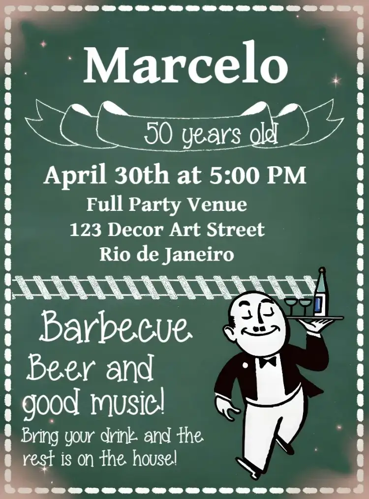 Invitation Boteco White Chalkboard – Birthday theme chalkboard, rustic, modern, green and white, pub, casual
