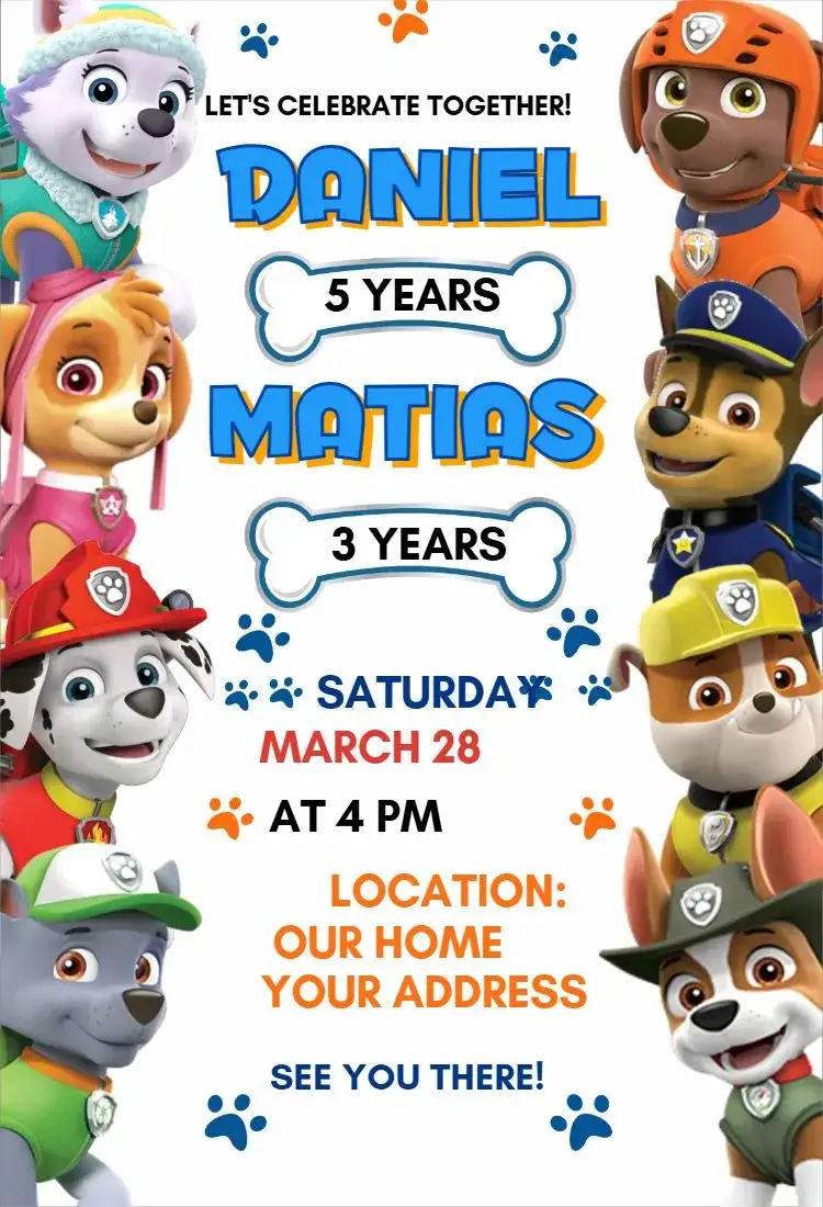 Invitation Paw Patrol double – Birthday theme colorful, fun, themed, childlike, lively