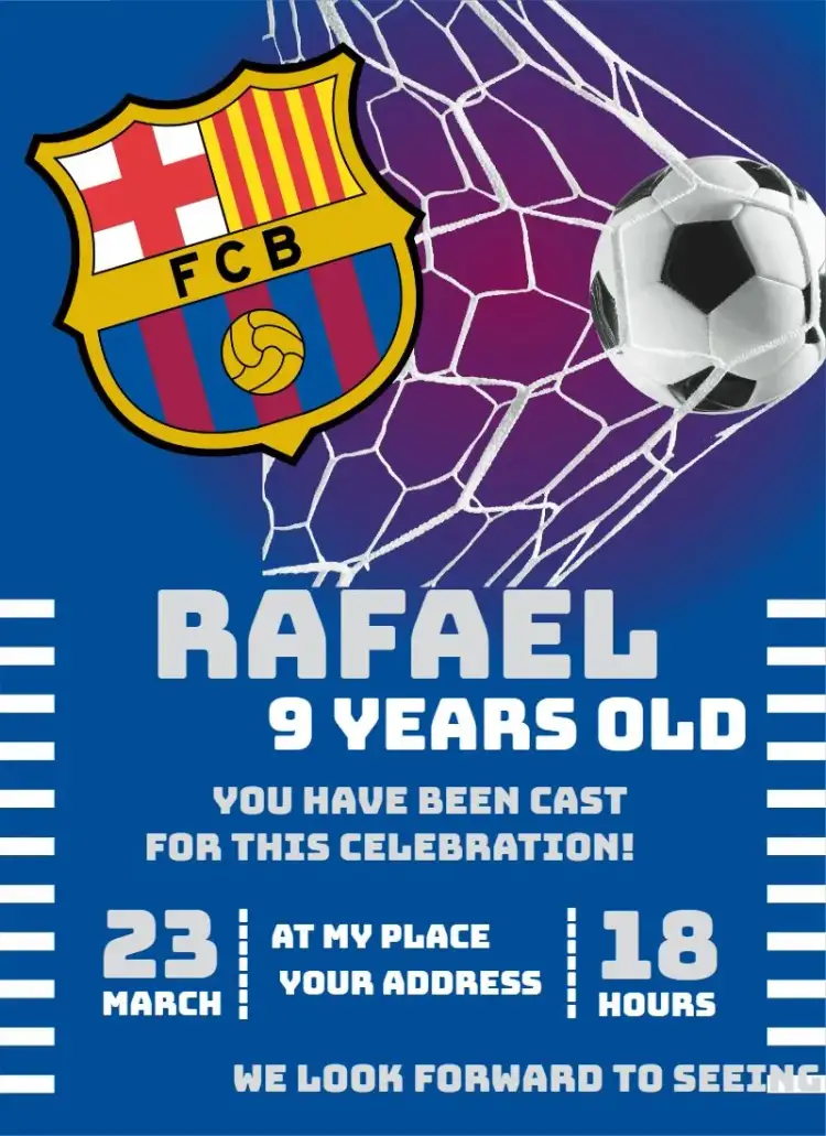 Invitation Barcelona 4 – Birthday theme sporty, modern, colorful, soccer, vibrant