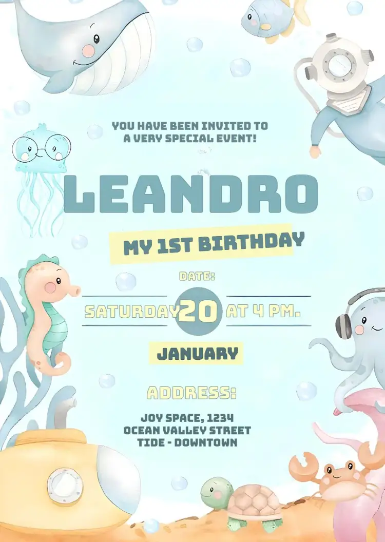 Invitation Under the Sea Diapers – Kids' Birthday Party theme navy blue, blue, colorful, playful, fun