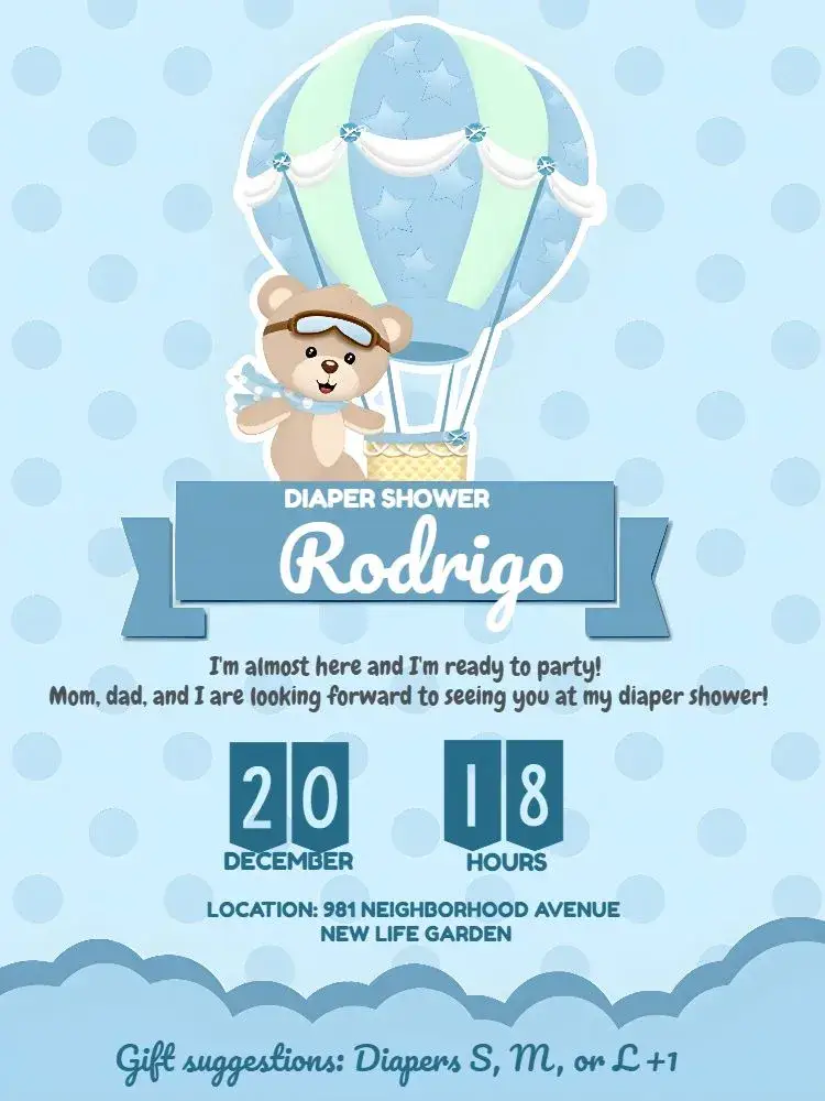 Diaper Shower Teddy Bear Balloon invitation