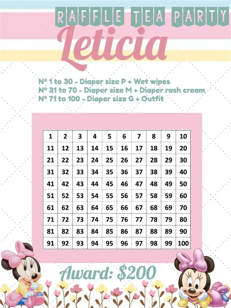 Invitation Minnie Mouse Baby Shower Raffle Tea – Raffle Tea theme colorful, Disney-themed, playful, childish, cheerful, feminine