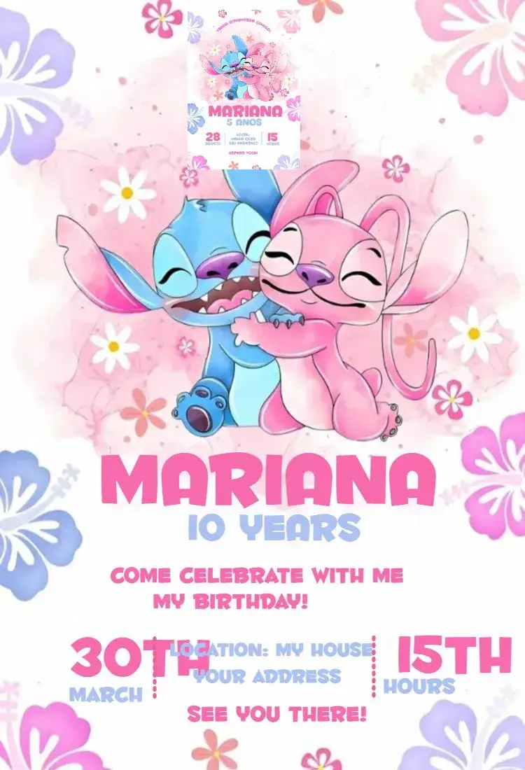 Invitation Stitch and Angel 3 – Birthday theme watercolor, colorful, fun, thematic, childlike