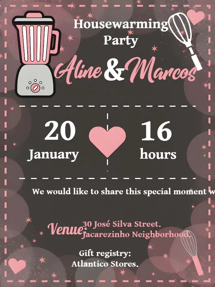 Invitation New Home Tea Spatula – Bridal Shower theme pink, gray, black, chalkboard, heart, kitchen elements