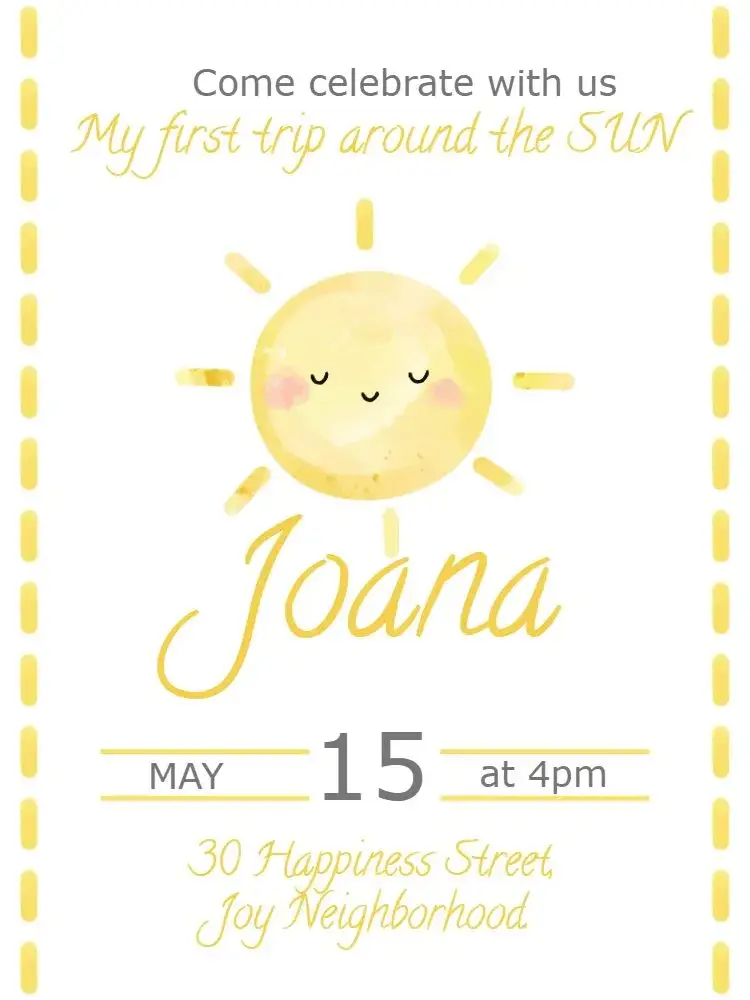 Invitation First Yellow Sun Orbit – First Communion theme yellow, white, sunbeams, blue sky, festive