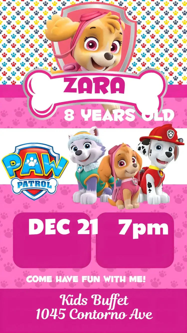 Invitation Paw Patrol – Kids' Birthday Party theme colorful, fun, childish, themed, cheerful, character illustrations