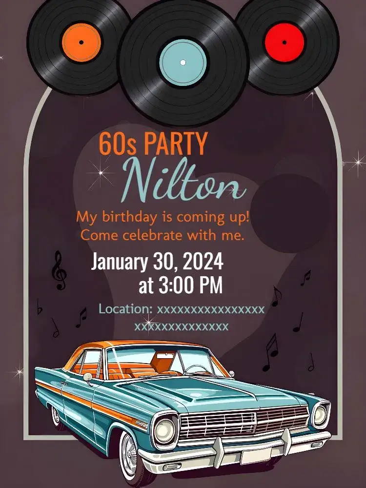 Invitation 60s 70s – Birthday theme vintage, discotheque, pop art, vibrant colors, polka dots, retro style
