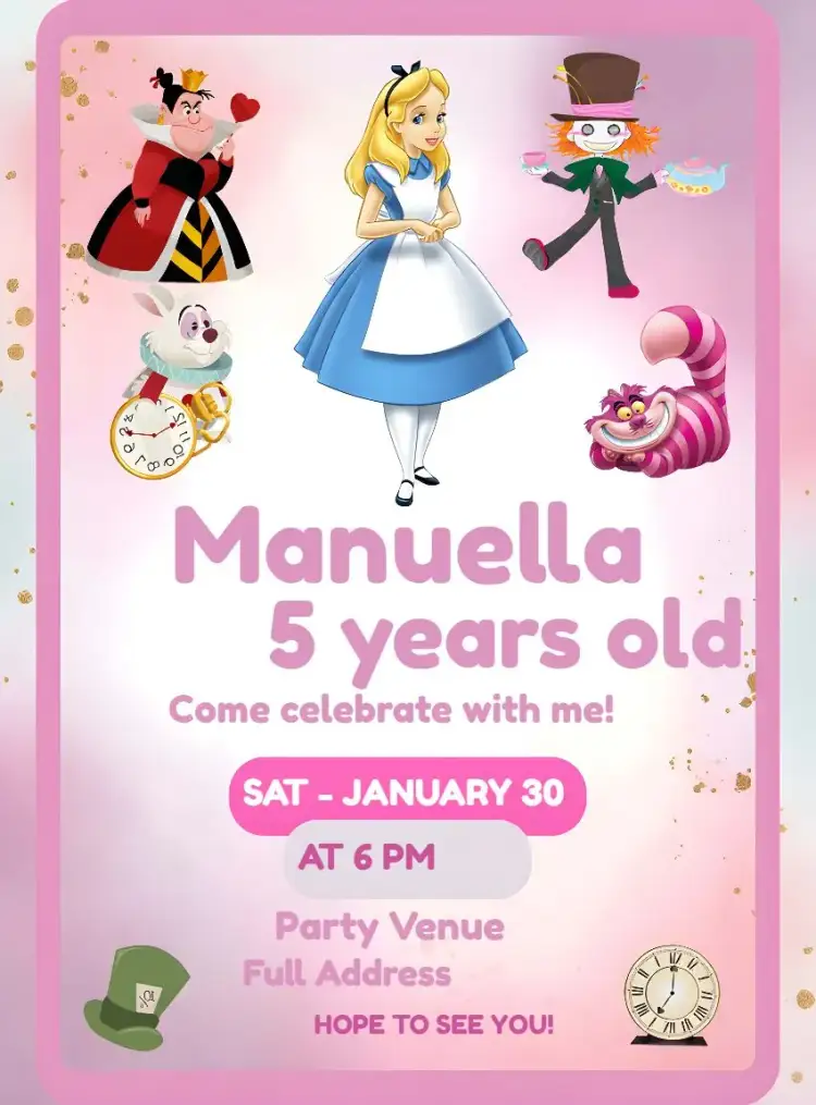 Invitation Alice In Wonderland Children's Party Invitation – Commemorative Dates theme pink, fantasy, colorful illustrations, playful style, magical, storybook characters