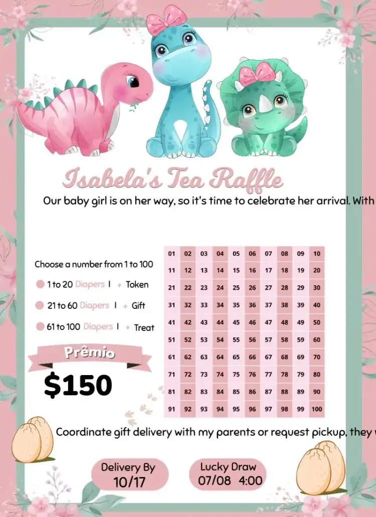Invitation Dinosaurs and Flowers – Raffle Tea theme colorful, playful, natural, tropical, childlike, fun