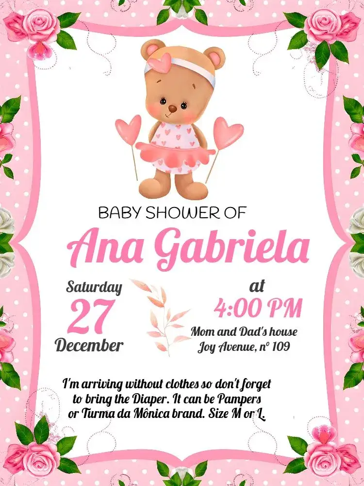 Invitation Pink Teddy Bear Baby Shower – Diaper Shower theme watercolor, floral, delicate, modern, childish, fun