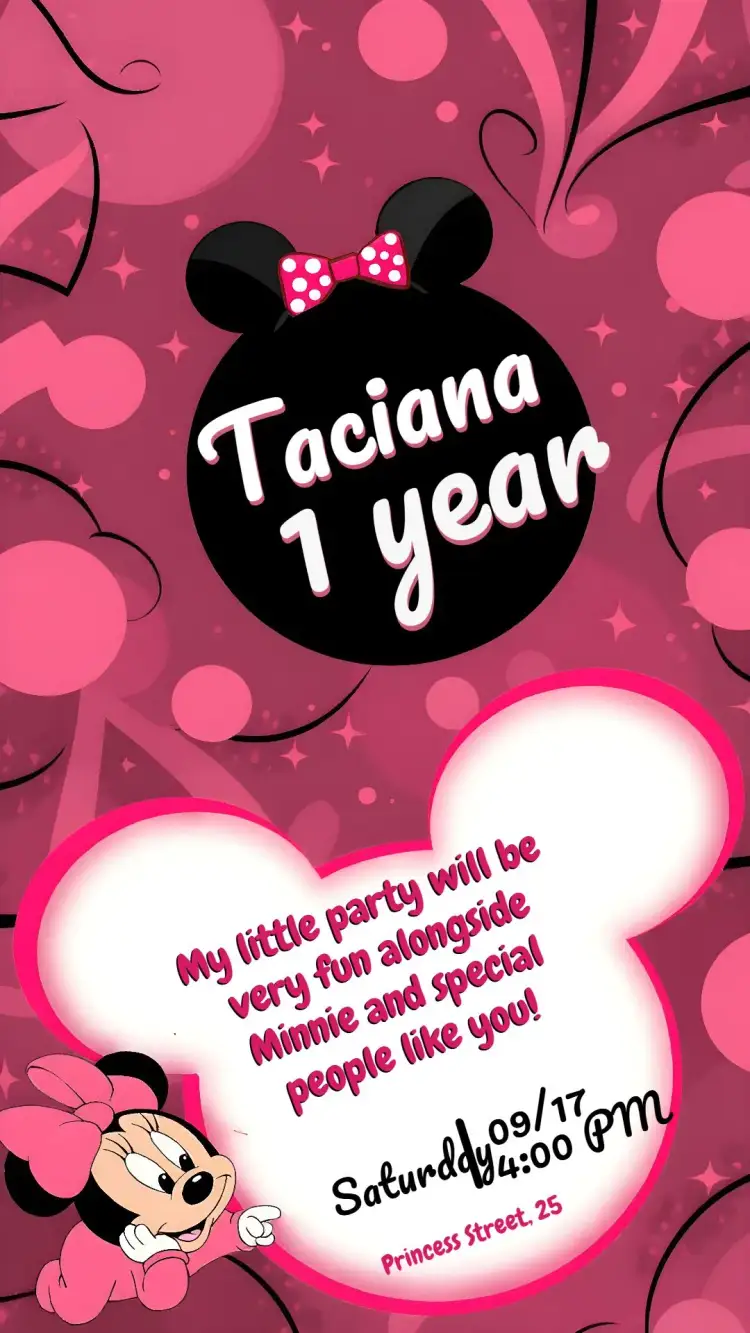 Invitation Minnie Mouse 1 – Commemorative Dates theme pink and black, fun, childish, Minnie-themed, colorful, celebration